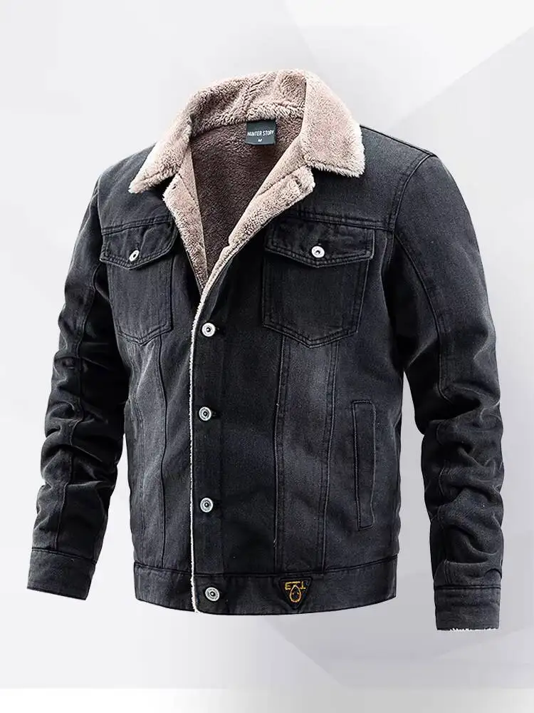 Denim Autumn Winter Pocket Single-Breasted Solid Color Velvet Thickened Lapel Washed Cotton Fashion Men's Jacket - Image 7
