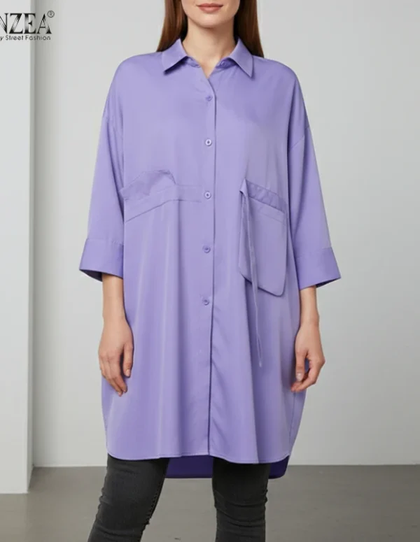 ZANZEA Plus Size Women's Oversized Long Shirts Minimalist Casual Chic Collared Button Up Blouse Spring Baggy Chemises Femme 5XL