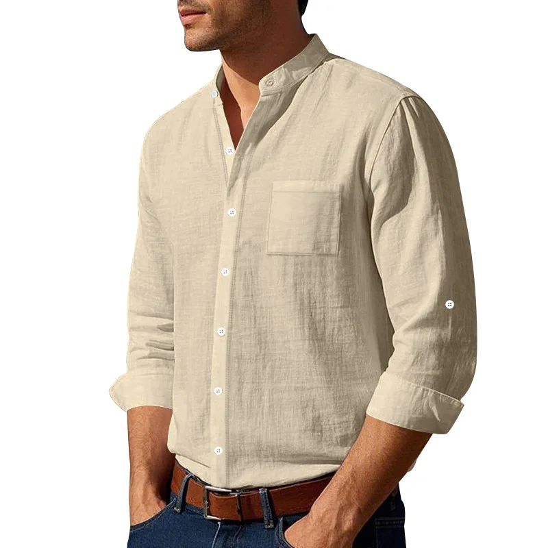 Men's Linen Mandarin Collar Shirt - Breathable Wrinkle-Free New Chinese Style with Pocket (Beige/Black/White, S-XXXL) Wholesale - Image 15