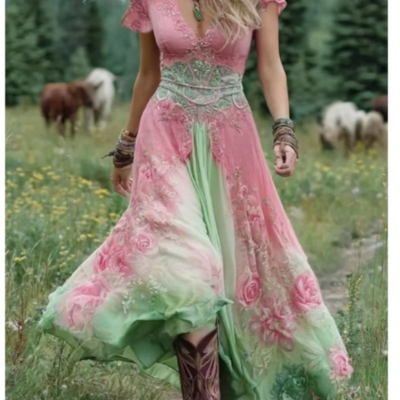 Sexy Retro Ethnic V Neck Long Dress Woman Elegant Boho Print A-Line Spliced Maxi Dress Summer Short Sleeve Holiday Evening Dress - Image 3