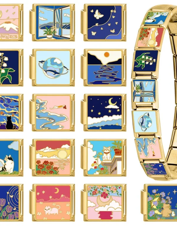 Y2K Gold Color Bear Cat Blue Sky Rose Flowers Moon Italian Charm Link Fit 9MM Stainless Steel Bracelet Women DIY Making Gifts