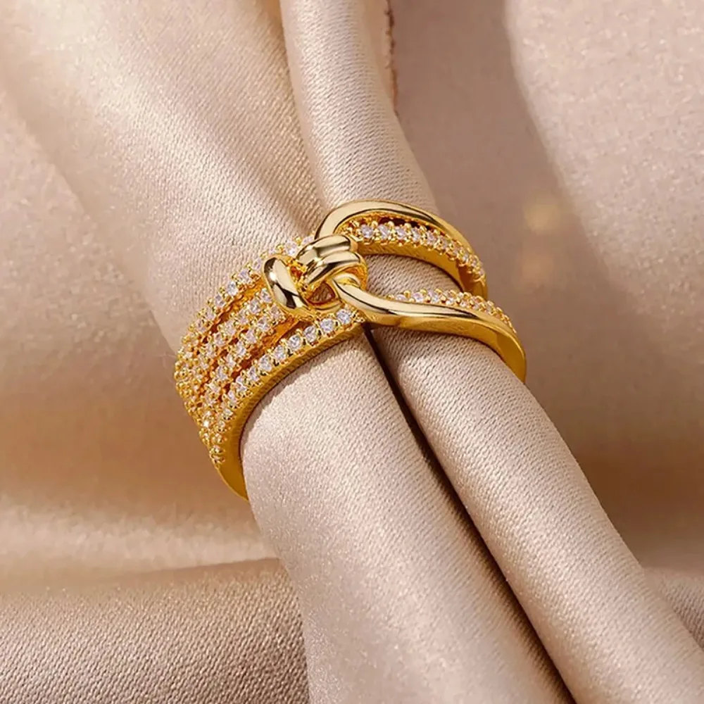Luxury Double Layers Zircon Rings for Women Gold Plated Opening Stainless Steel Ring 2023 Trend Aesthetic Party Wedding Jewelry - Image 7