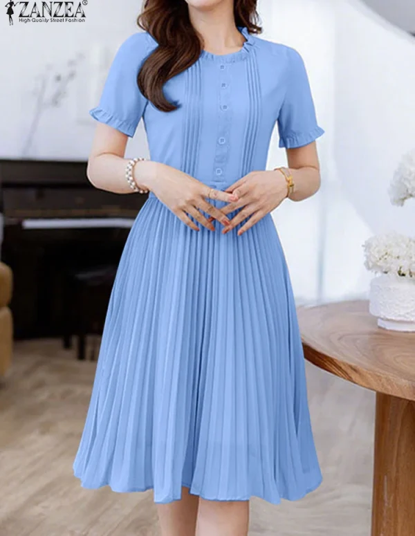 2025 ZANZEA Elegant Women Midi Dresses Summer Office Work Dress Short Sleeve O Neck Party Vestidos Pleated Sundress Robe Femme