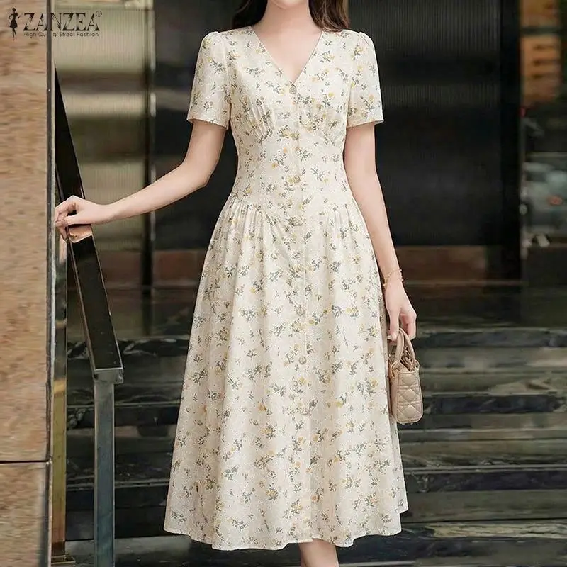 2026 ZANZEA Summer Floral Printed Dresses Women Elegant Casual Holiday Party Dress A Line Robe V Neck Short Sleeve Work Sundress - Image 4