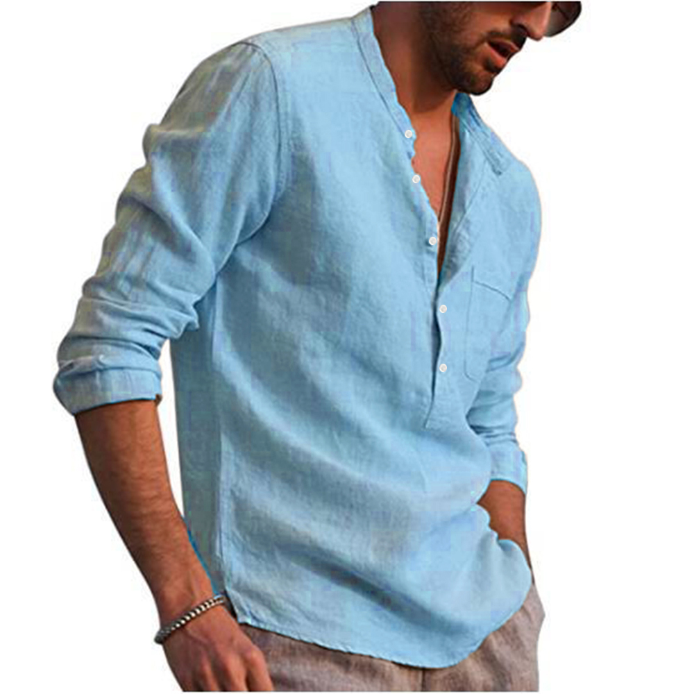 Cotton Linen Hot Sale Men's Long-Sleeved Shirts Summer Solid Color Stand-Up Collar Casual Beach Style Plus Size - Image 25