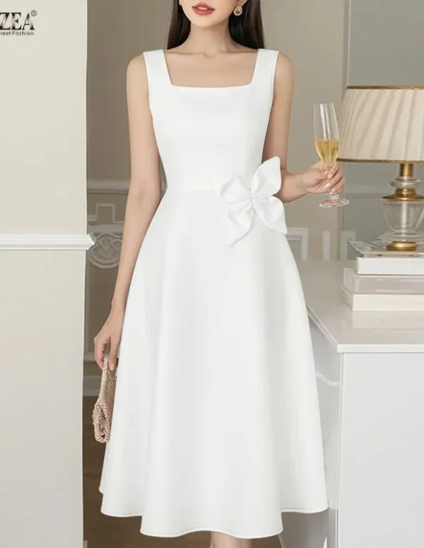 ZANZEA Elegant Satin White Party Dress for Woman Square Neck Sleeveless Bow Detail A-Line Midi Dresses Fit and Flare Robes Femme