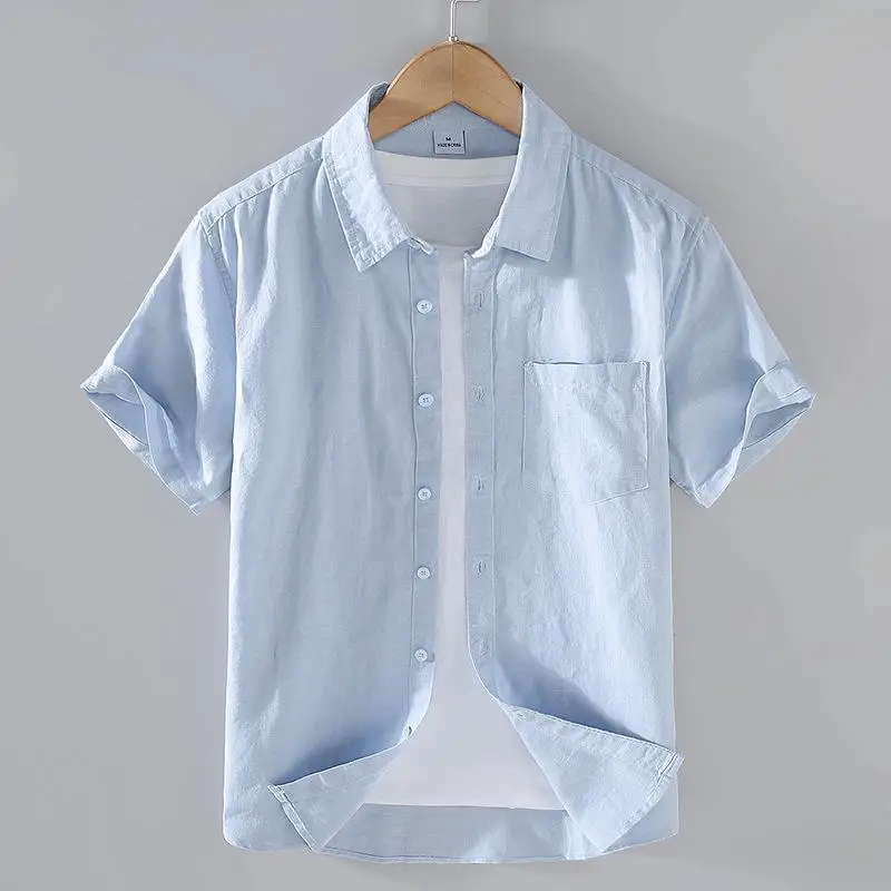 Men's Cotton Linen Short-Sleeved Shirt Summer Streetwear Plain Color Stand Collar Casual Beach Style plus Size M-3XL - Image 8