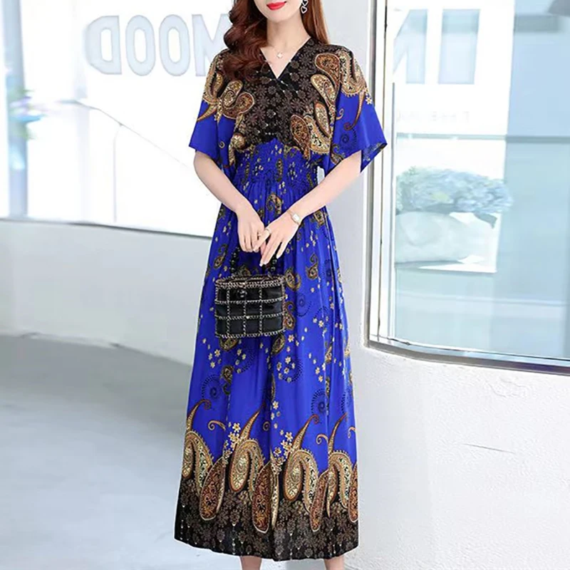 Casual Elegant Retro Bohemian National Style V-neck Elastic Waist Large Swing Printed Summer Long Skirt Woman Dress Clothes - Image 12