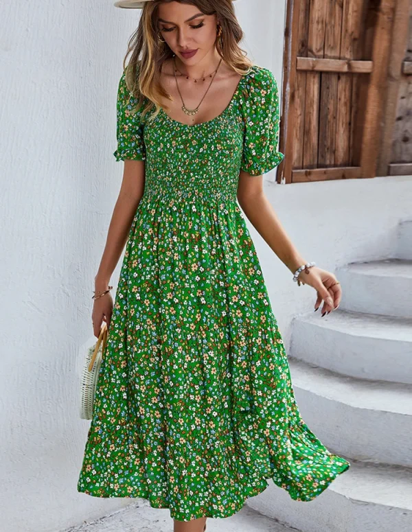 Ladies Sexy Vintage Floral Print Boho Summer Dress Women Casual Elastic Bohemian Beach Dress Women Sundress Robe Vestidos Female