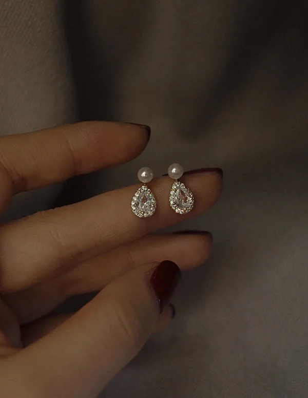 S925 Sterling Silver 14k Gold Plated Pearl Stud Earrings Water Drop Shiny Zircon Morning Dew Earrings for Women Wedding Jewelry