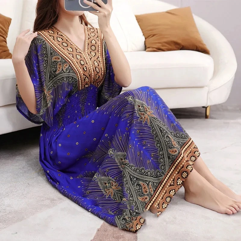 Casual Elegant Retro Bohemian National Style V-neck Elastic Waist Large Swing Printed Summer Long Skirt Woman Dress Clothes - Image 9