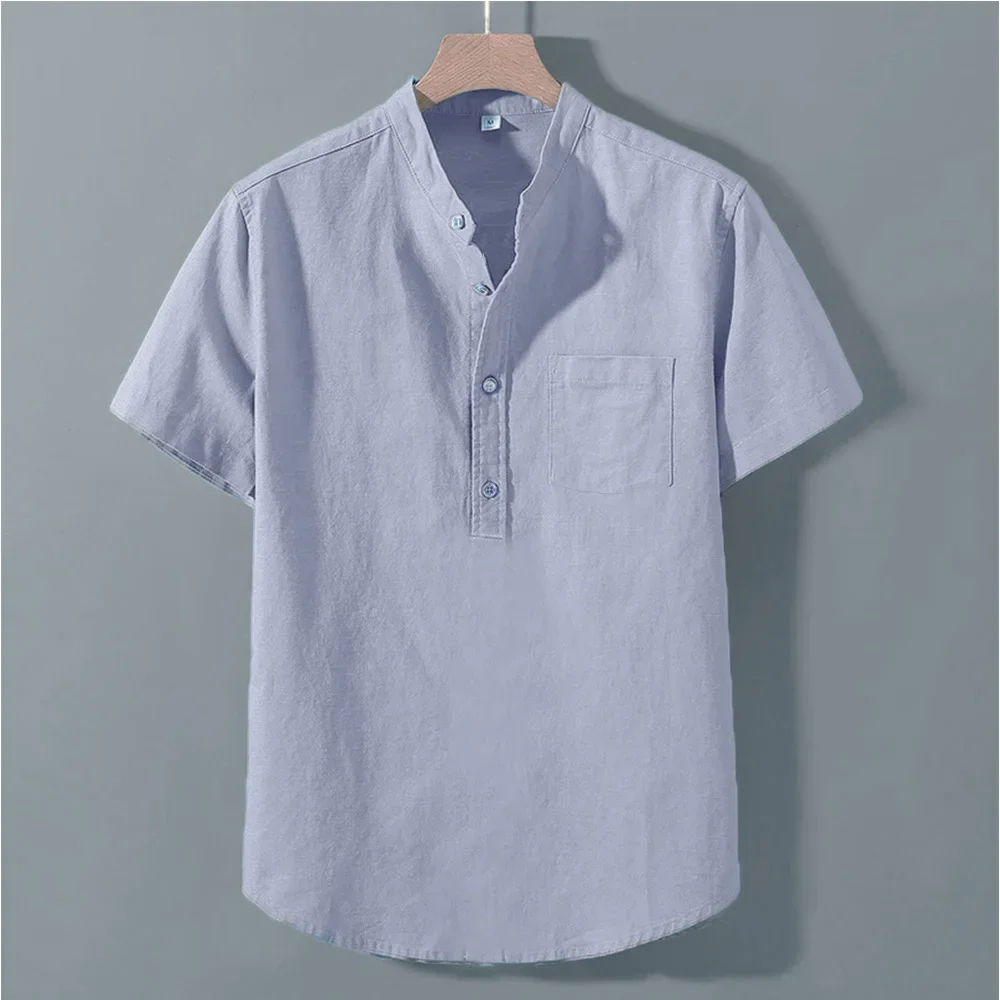 Men's Summer Solid Colour Short Sleeve Shirt Pocket Design Daily Casual Comfortable Breathable Cotton Linen Shirt Top - Image 7
