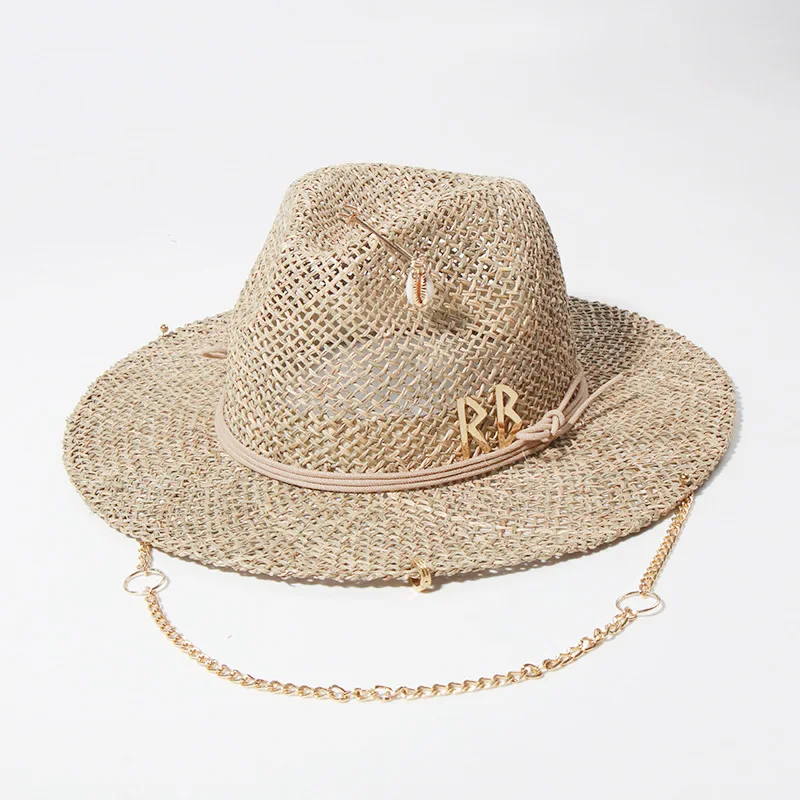 Panama Straw Sun Hat Wide Brim UPF50+ Foldable, Navy & Beige Contrast Beach Hat Adjustable Chin Strap Women Summer - Image 5