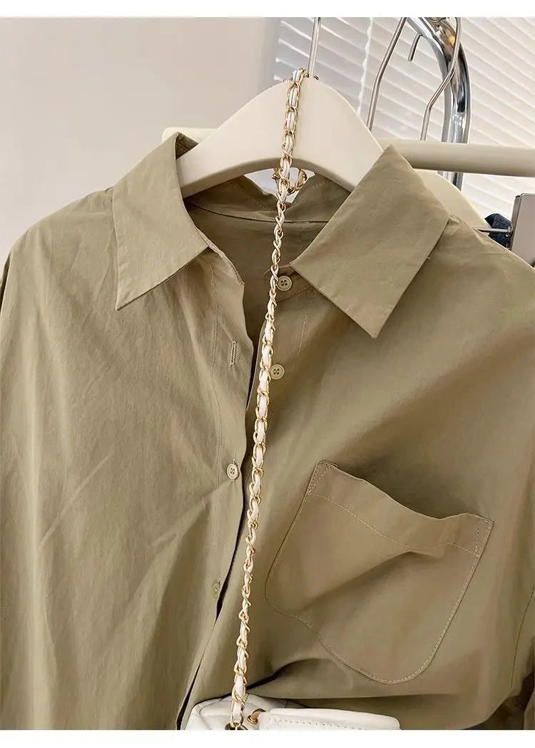 Solid Color Long Sleeve Women's Shirt with Pocket Loose Button Up Casual Blouse Woman 2026 New Spring Summer All-Match Shirt Top - Image 35
