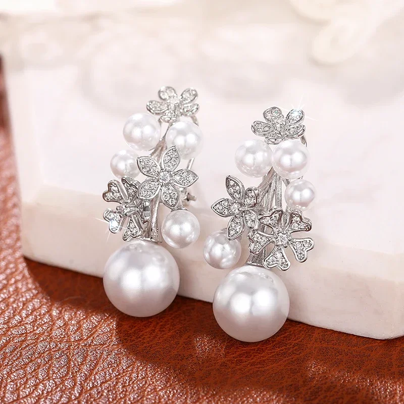 Huitan Trendy Simulated Pearl Women Drop Earrings Inlaid Sparkling CZ Flower Design Charming Party Daily Accessories Jewelry - Image 3