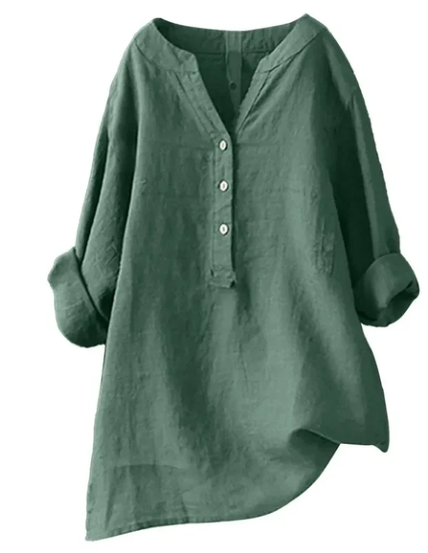 Women's Multi-Color Linen Long Sleeve Blouse Henley Neck Asymmetric Hem Loose Casual Top