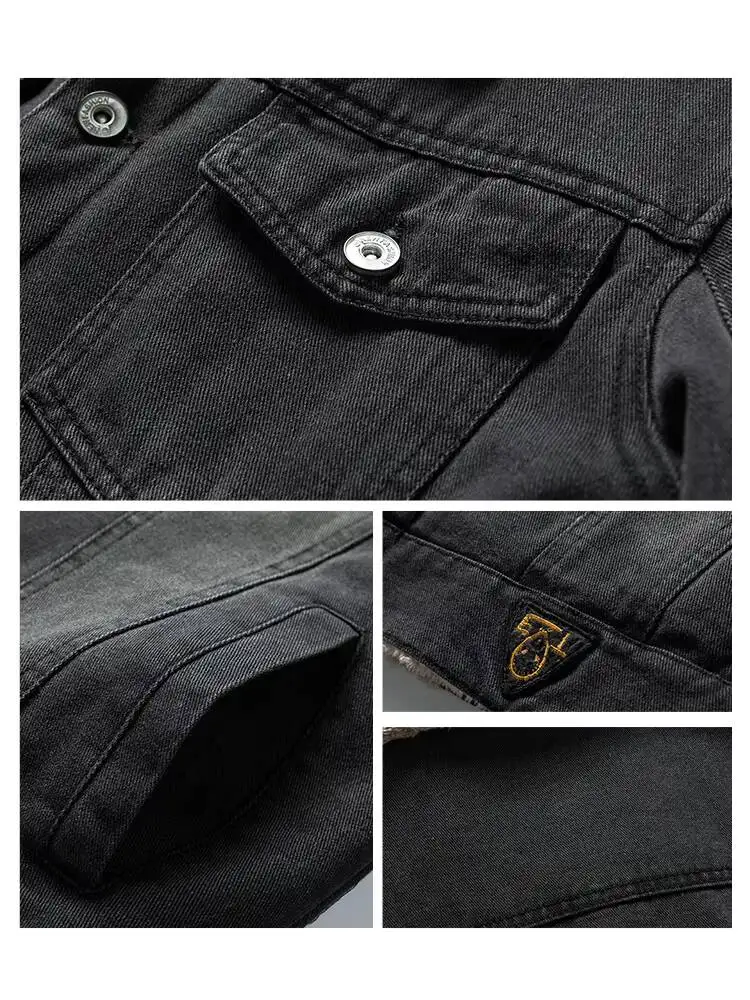 Denim Autumn Winter Pocket Single-Breasted Solid Color Velvet Thickened Lapel Washed Cotton Fashion Men's Jacket - Image 13