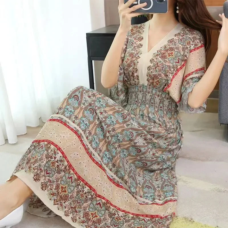 Casual Elegant Retro Bohemian National Style V-neck Elastic Waist Large Swing Printed Summer Long Skirt Woman Dress Clothes - Image 6