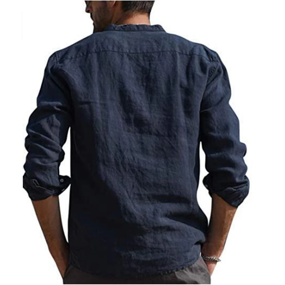 Cotton Linen Hot Sale Men's Long-Sleeved Shirts Summer Solid Color Stand-Up Collar Casual Beach Style Plus Size - Image 5