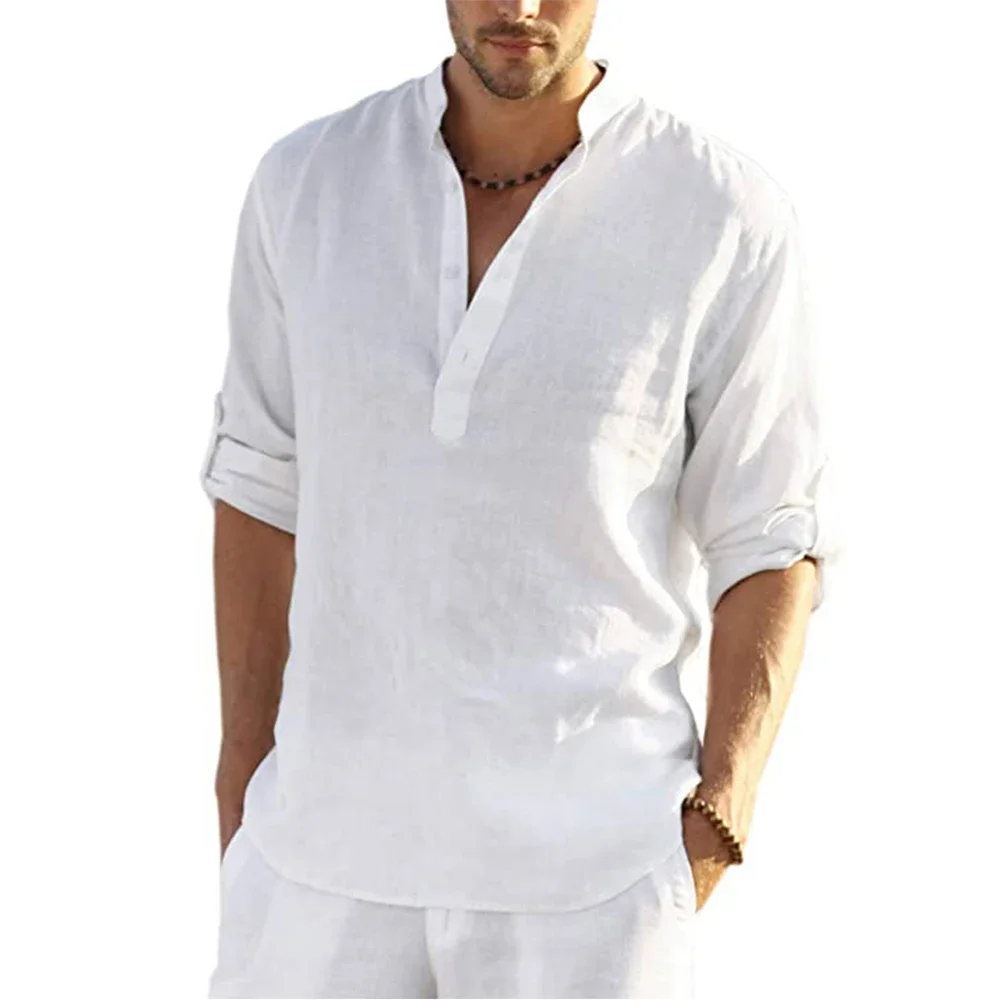 Cotton Linen Hot Sale Men Long-Sleeved Shirts Summer Solid Color Stand-Up Collar Casual Beach Style Plus Size - Image 3