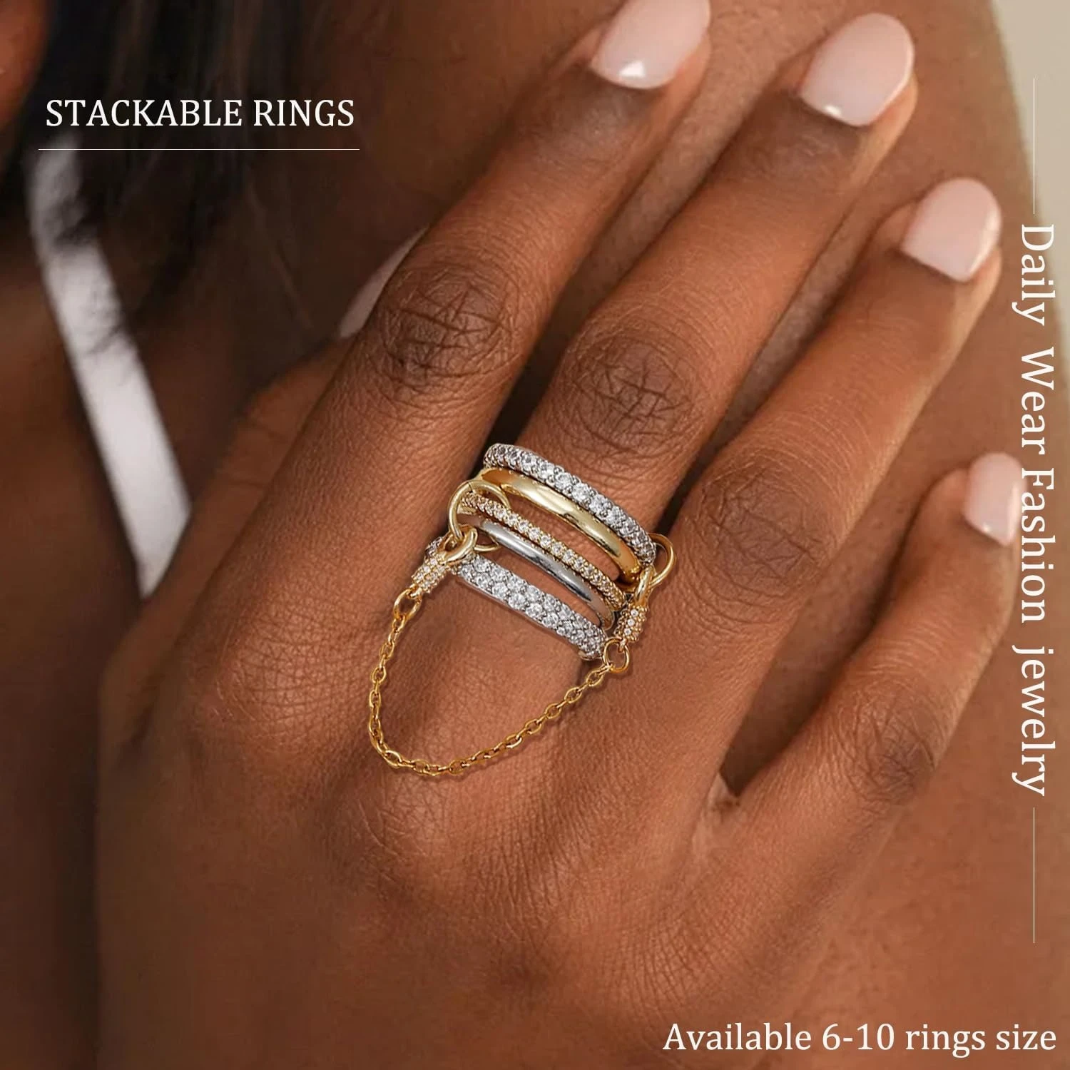 5pcs Gold Plated Linked Chain Stackable Rings for Women Statement Cubic Zirconia Interlocking Rings Multi-Link Connected Jewelry - Image 3