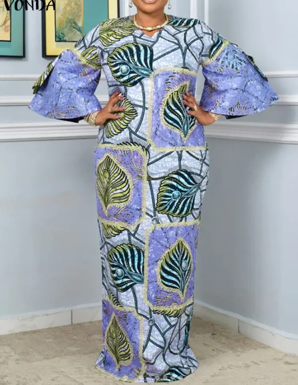 VONDA Plus Size 0XL-5XL Women Floral Print Maxi Robe Autumn Flare Sleeve V-Neck Casual Long Dress Retro Bohemian Party Vestidos