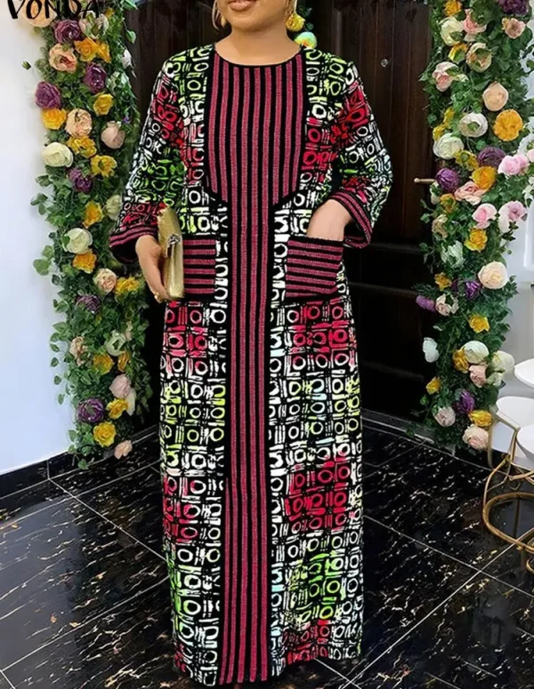 VONDA Women Vintage Autumn Maxi Dresses Bohemian Print Party Long Sundress Long Sleeve Pockets Casual Vestidos Plus Size 5XL