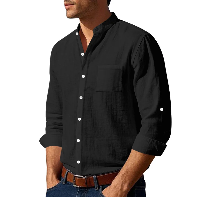 Men's Linen Mandarin Collar Shirt - Breathable Wrinkle-Free New Chinese Style with Pocket (Beige/Black/White, S-XXXL) Wholesale - Image 35