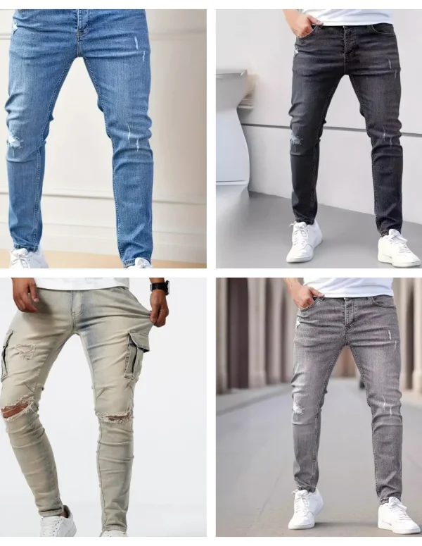 New men's jeans elastic slim fit pants street wear classic ripped cat whiskers casual jeans tight zipper denim clothing black bl