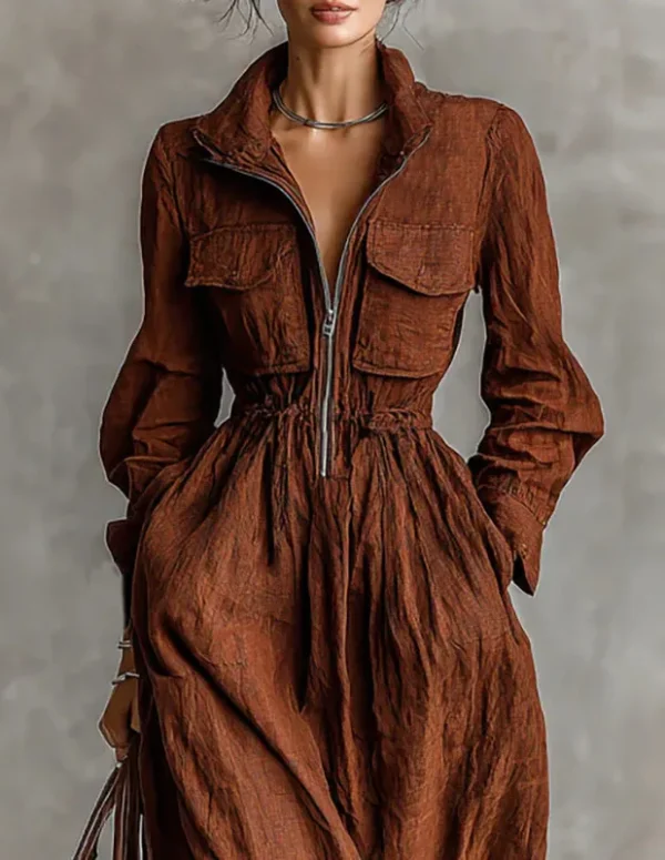 Women Lapel Zip Cargo Pocket Long Dress New Spring Solid Cotton Linen Maxi Dress Fall Long Sleeve Elastic Waist Loose Boho Dress