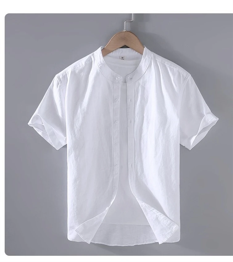 Men's Cotton Linen Short-Sleeved Shirt Summer Streetwear Plain Color Stand Collar Casual Beach Style plus Size M-3XL - Image 31