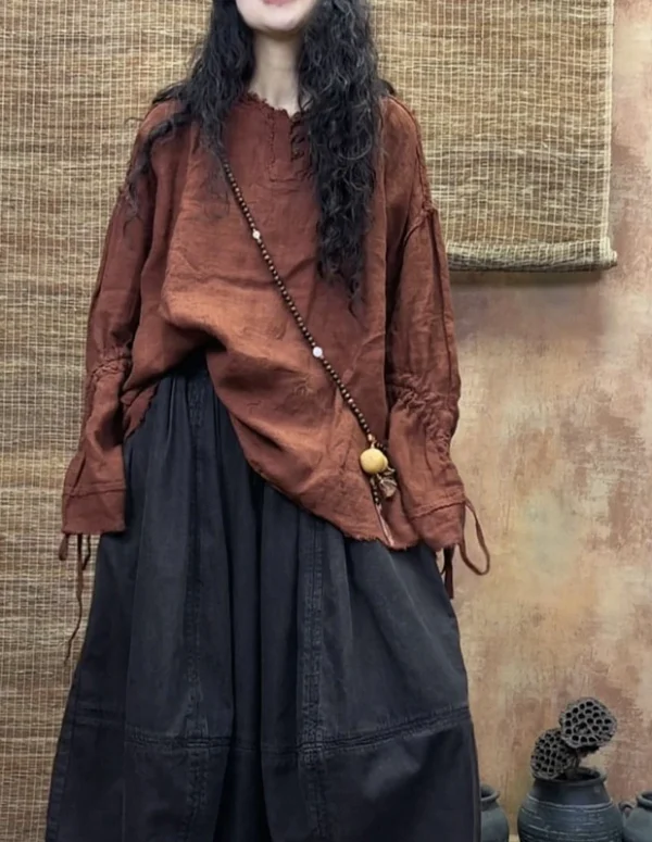 Spring & Autumn 2026 New Arrival Loose Casual O-neck Long Sleeve Women Blouse All-matched High-quality Cotton Linen Shirt S169