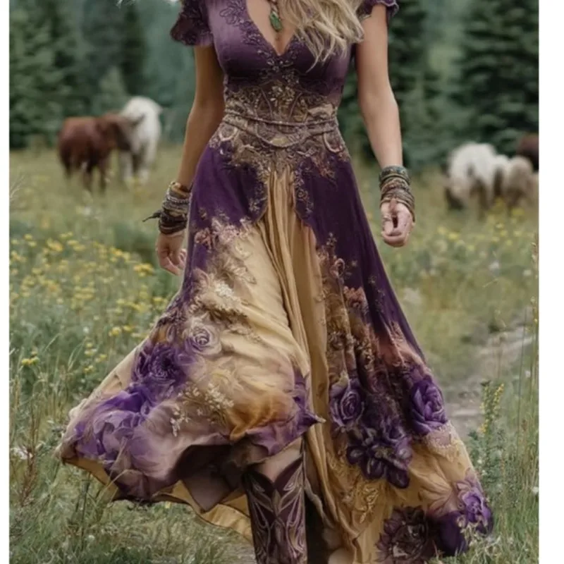 Sexy Retro Ethnic V Neck Long Dress Woman Elegant Boho Print A-Line Spliced Maxi Dress Summer Short Sleeve Holiday Evening Dress - Image 4