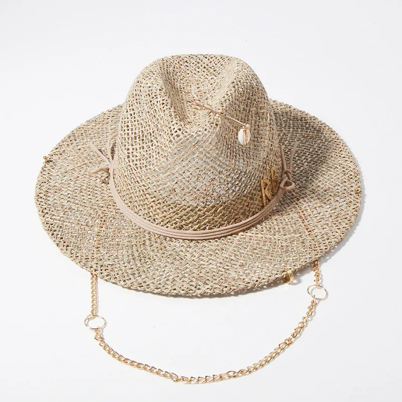 Panama Straw Sun Hat Wide Brim UPF50+ Foldable, Navy & Beige Contrast Beach Hat Adjustable Chin Strap Women Summer - Image 11
