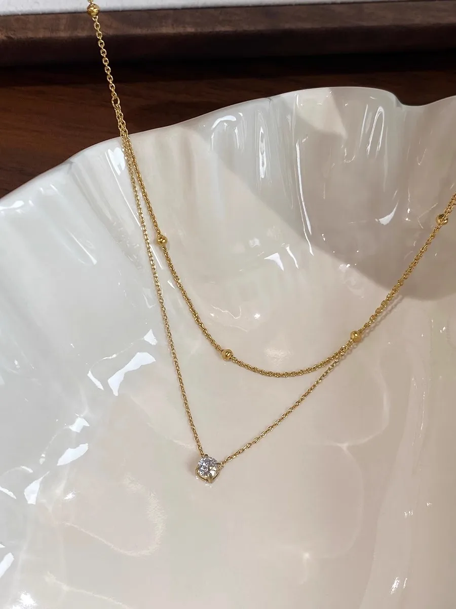 Stylish Shiny Zircon Double Layer Staniless Steel Waterproof Gold Plated Choker Necklace Stacked Fashion Jewelry Gift for Women - Image 6