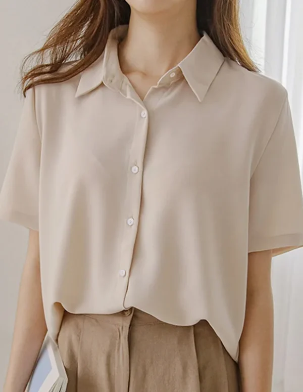 Classic Solid Color Short Sleeve Shirt Women Simple Single Breasted Casual Tops for Woman Summer Elegant White Button Up Shirt