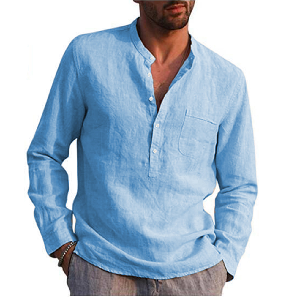 Cotton Linen Hot Sale Men's Long-Sleeved Shirts Summer Solid Color Stand-Up Collar Casual Beach Style Plus Size - Image 24