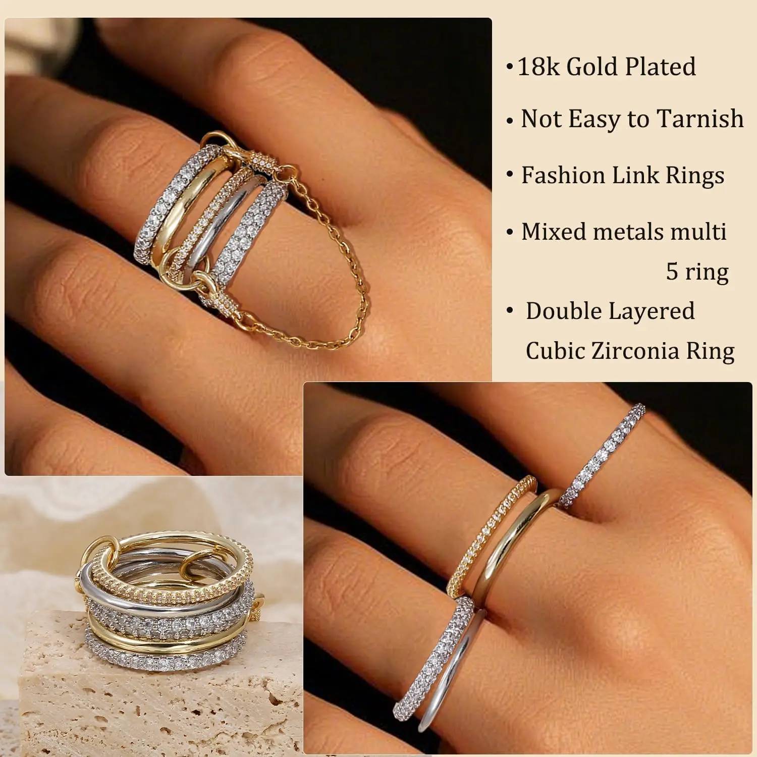 5pcs Gold Plated Linked Chain Stackable Rings for Women Statement Cubic Zirconia Interlocking Rings Multi-Link Connected Jewelry - Image 5
