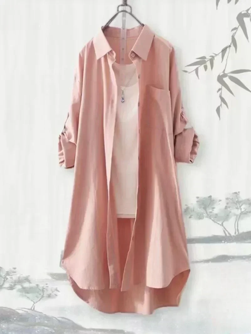 Plus Size Women Simple Long Sleeve Blouse Chic Korean Style Loose Fit Breathable Shirt Casual Autumn Solid Color Midi Tunic Tops - Image 16