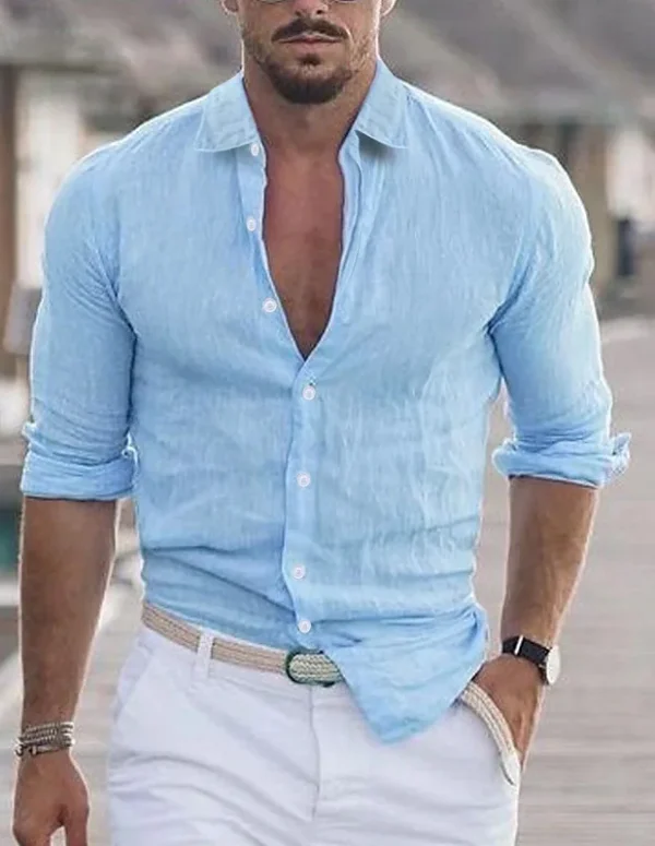 Elegant men's cotton linen long sleeve fashion casual shirt lapel loose soft comfortable breathable solid color cardigan