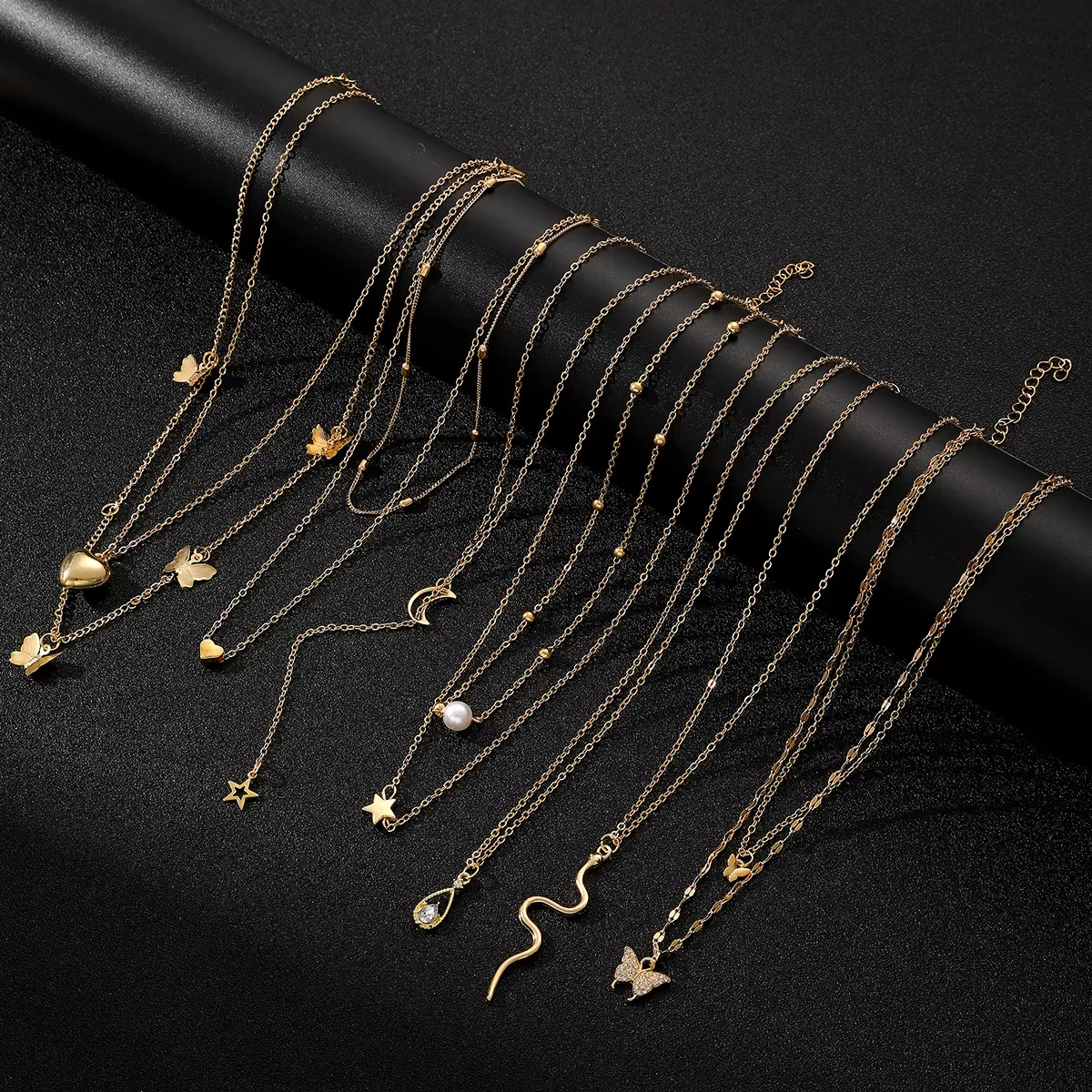 9 Pcs Multi-layered Gold Color Necklace Set for Women Fashion Zircon Pearl Heart Butterfly Star Moon Snake Pendant Necklaces Set - Image 5