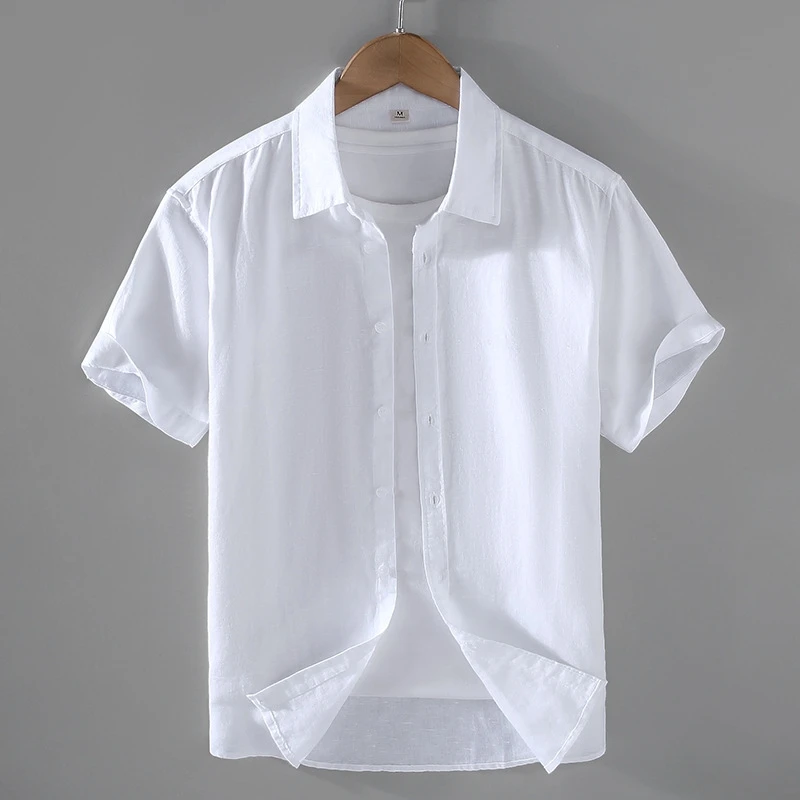 Men's Cotton Linen Short-Sleeved Shirt Summer Streetwear Plain Color Stand Collar Casual Beach Style plus Size M-3XL