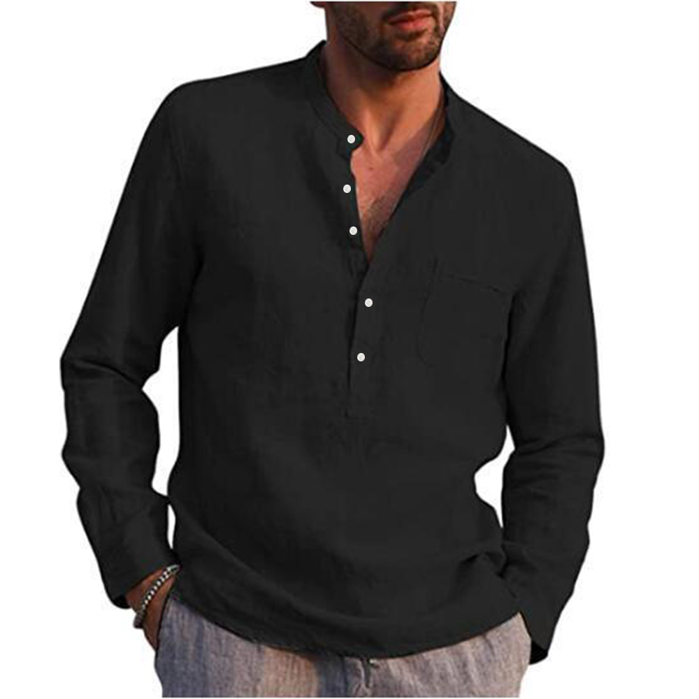 Cotton Linen Hot Sale Men's Long-Sleeved Shirts Summer Solid Color Stand-Up Collar Casual Beach Style Plus Size - Image 20