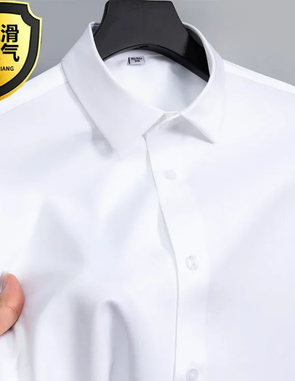 Summer shirt, men's white glossy non ironing shirt, men's wrinkle resistant ice silk casual high-end seamless business shirt