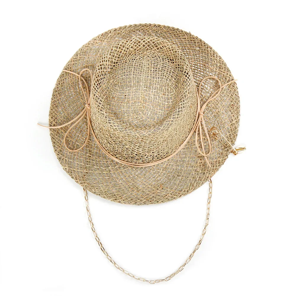Panama Straw Sun Hat Wide Brim UPF50+ Foldable, Navy & Beige Contrast Beach Hat Adjustable Chin Strap Women Summer - Image 7