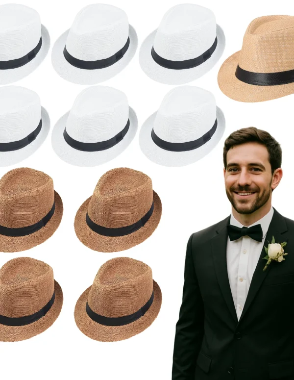 6-96Pcs Straw Hat for Men Women Fedora Panama Roll Up Hats  Wedding Short Brim Summer Beach Hat Havana Nights Party Favors