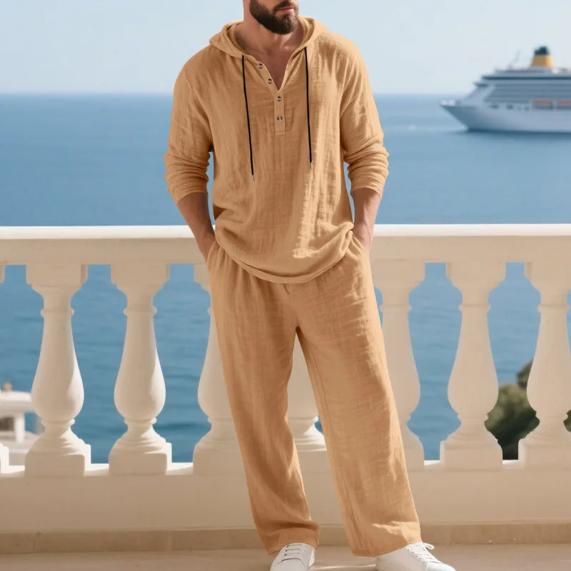 Men's Linen Casual Set 2 Pieces Spring Summer Loose Fit Hooded Henley Shirt & Pants Set Breathable Outdoor Vacation Style - Image 6