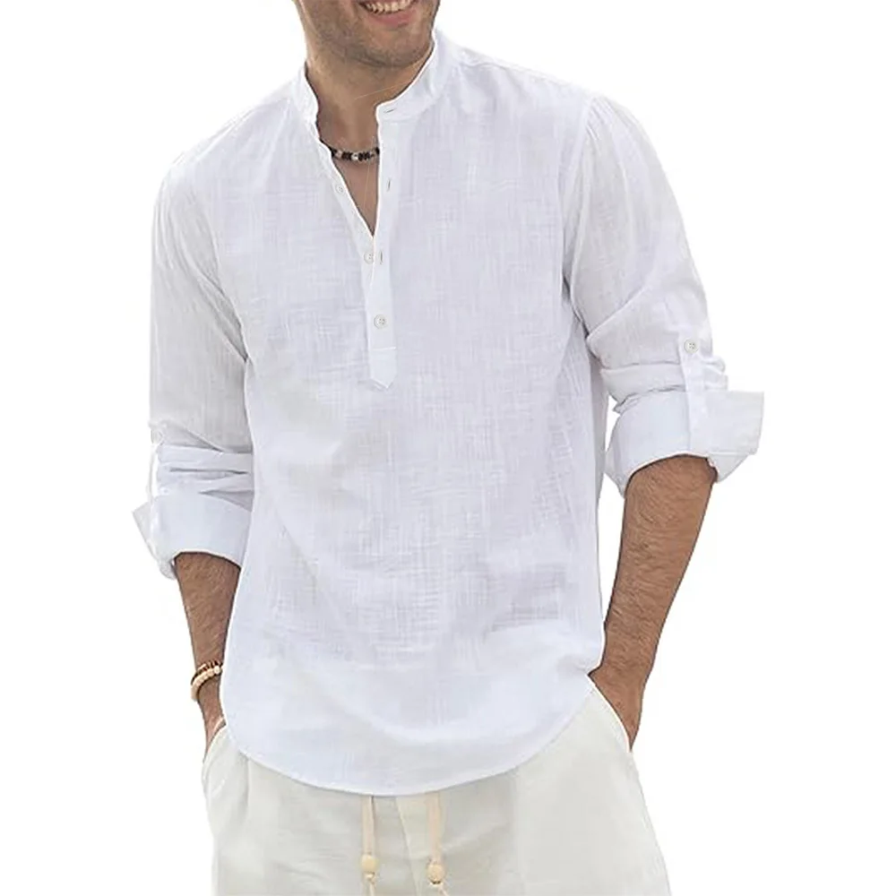 Men's Cotton Linen Long Sleeve Polo Shirt Lightweight Henley Neck Hawaiian Beach Style Solid Color Tops Vacation T-shirt