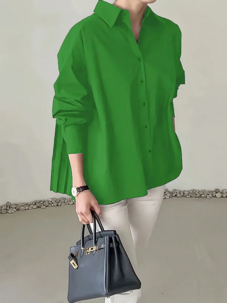 Plus Size 2025 Spring and Summer New Women's POLO Collar Pleated Casual Single Row Button Shirt Blouse Solid Color - Image 22