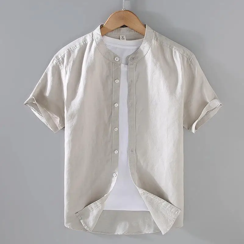 Men's Cotton Linen Short-Sleeved Shirt Summer Streetwear Plain Color Stand Collar Casual Beach Style plus Size M-3XL - Image 10